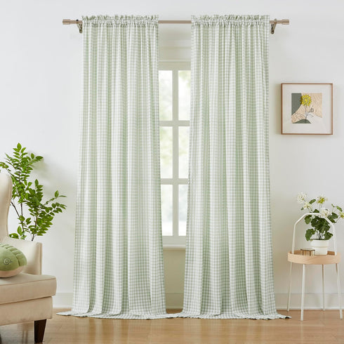 ZJDECOR Sage Green White Buffalo Plaid Curtains 84 Inches Long,Crinkled Not-See-Through Sheer