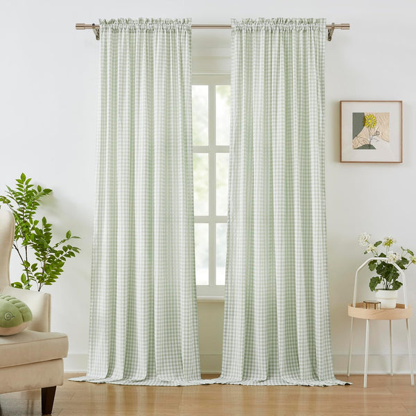 ZJDECOR Sage Green White Buffalo Plaid Curtains 84 Inches Long,Crinkled Not-See-Through Sheer