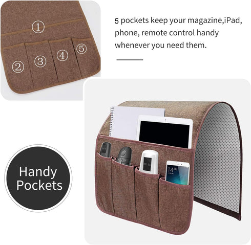Sofa Armrest Organizer, Remote Control Holder with 5 Pockets for Magazine, Tablet, Phone