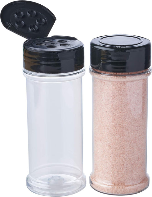 12 Pack of 6 Oz. Empty Clear Plastic Spice Bottles with Black Top Lids for Storing Salt, Sweeteners, and Spices