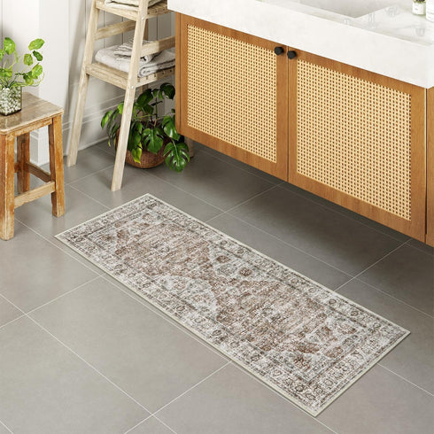 Uphome Bathroom Rugs Runner, Distressed Farmhouse Boho Khaki Bath Mat, Non Slip Washable Vintage Velvet Runner