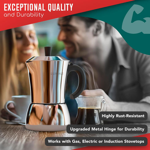 6 100% LuxHaus Moka Pot - Cup Stovetop Espresso Coffee Maker - Stainless Steel Italian and Cuban Mocha Coffee Maker