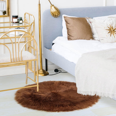 uxcell Faux Fur Round Rug, Fluffy Area Mat for Bedroom Floor, Living Room, 3 x 3 Feet - Brown
