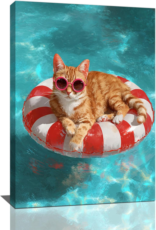 Lunavix Funny Cat Bathroom Canvas Wall Art Kitten Ocean Wall Decor Kitten Swim
