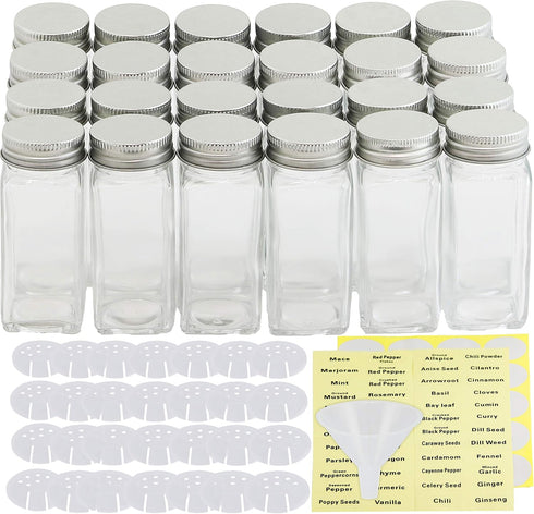 4 24 Pack Simple Houseware Spice Jars Ounce Square Glass Bottles with Shaker Lids, Funnel and Labels for Seasoning