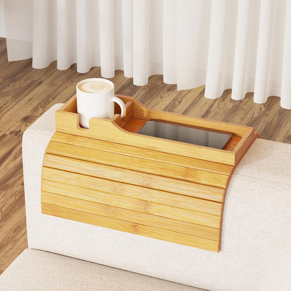 SpaceAid Bamboo Couch Cup Holder, Anti Falling Foldable Sofa Armrest Tray with