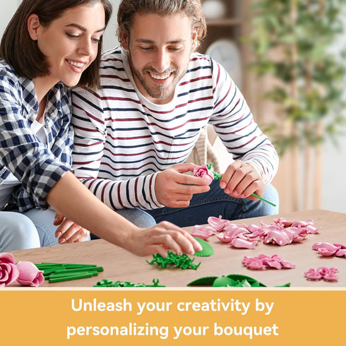 EWED Set: 6-Pack Rose Flower Bouquet Building Artificial Flowers Botanical Collection Blocks Kit for Women Girls Wife