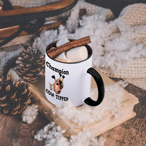 3dRose Funny Champion Cow Tipper | Cowin Tipping Humor Two Tone Mug, 11 oz, Black/White
