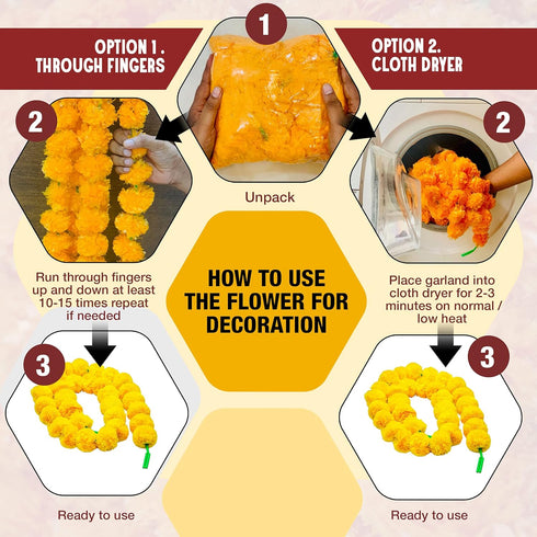 Marigold Garland for Decoration, 5 Feet Long Strands of Artificial Flowers, Indian Décor for Wedding, Christmas, Events
