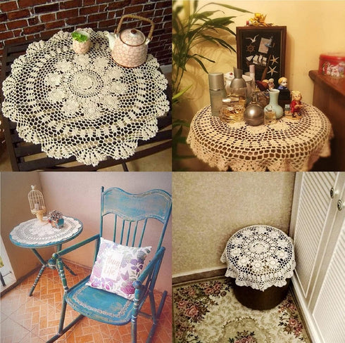 Damanni Overlay,Round,19 Inch,2PCS Beige Cotton Handmade Crochet Lace Tablecloth Doilies Table