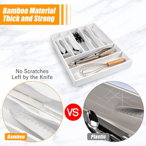 Bellsal Bamboo Silverware Drawer Organizer, 7 Slot Utensil Holder with Grooved Dividers for Kitchen and Office