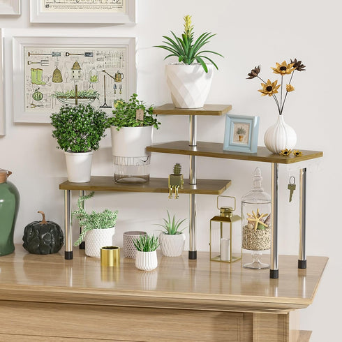 ZHWS Kitchen Corner Shelf Countertop Organizer, 3 Tier Bamboo & Metal Kitchen Organization Plant Stand, Spice Rack