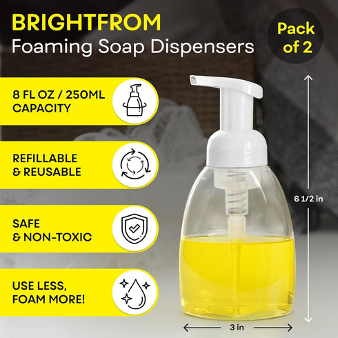 Commercial 8oz (250ml) Pack 2 BRIGHTFROM Foaming Soap Dispenser Pump Bottles, BPA Free Empty Refillable Plastic