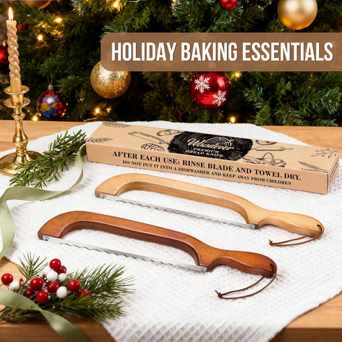 Woodever 2 Pack 16'' (2 Pack) Bread Knife, Bread Slicer for Homemade Bread, Wooden Sourdough Bread Knife with Bow