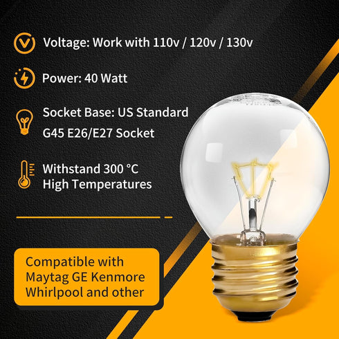 Oven Light Bulb - 40 Watt Appliance Bulb for Maytag GE Kenmore Whirlpool, 4 Pack