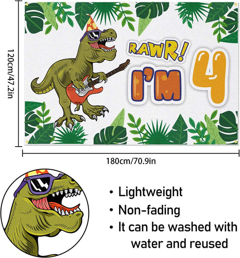 Rawr I'm 4 Backdrop Banner - 4th Dinosaur Birthday Decorations Party Supplies for Boys - 3.9 x 5.9ft