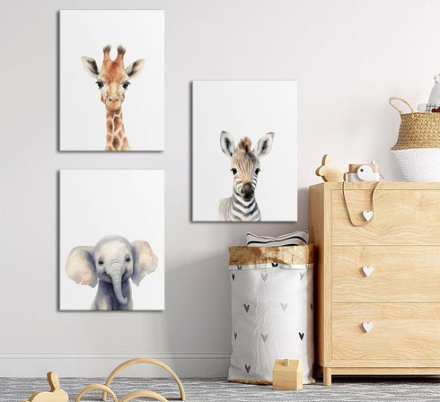 Set 3 12x16in Framed Kid'S Room Animals Wall Art Pictures of Cute Giraffe Zebra Elephant Canvas Prints Woodland Nursery