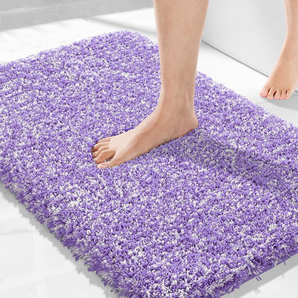 Yimobra Luxury Bathroom Rugs, Fluffy Non Slip Bath Mats, Quick Dry Plush Shower Rugs, 32"x 20", Purple and White