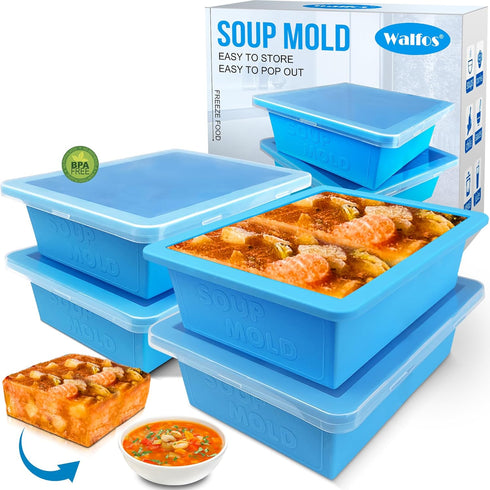 Walfos 2 Cup Silicone Freezing Tray with Lid, 4-Pack Easy Meal Prep Container for Soups and Foods