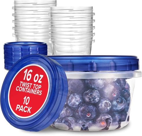 Stock Your Home 16oz Plastic Containers with Twist Top Lids, 10 Pack Freezer Containers for Leftover Food, Airtight