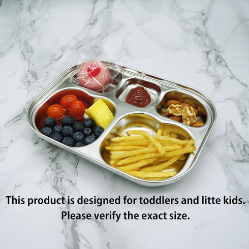 Korean Stainless Steel Divided Plates by KS&E, BPA Free, 5 Compartment Plate Silver, Set of 2