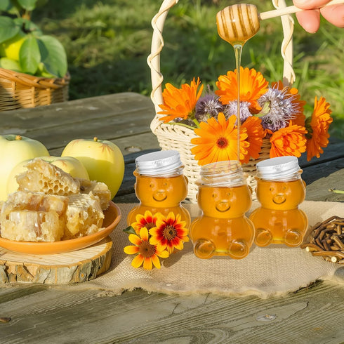 24 Pack 2.7 oz Patelai Glass Bear Shaped Honey Jars with Lids Reusable Small Tilted Bear Glass Bottles Containers