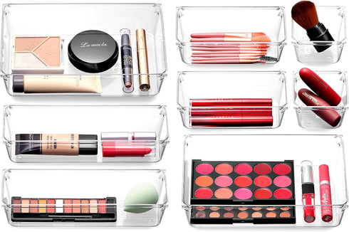Masirs Clear Drawer Organizer, 8-Piece Set for Office Desk, Utensils, Cosmetics, and Makeup