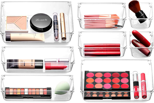 Masirs Clear Drawer Organizer, 8-Piece Set for Office Desk, Utensils, Cosmetics, and Makeup