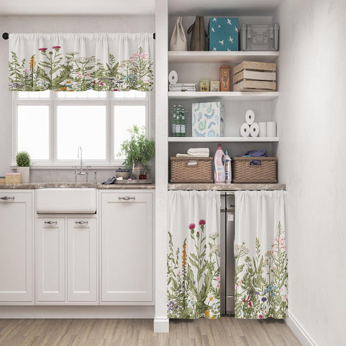 Emvency Floral Herbs Kitchen Window Curtains, 36 Inch Valance and Tier Set, Vintage Sage Green Leaf Treatment
