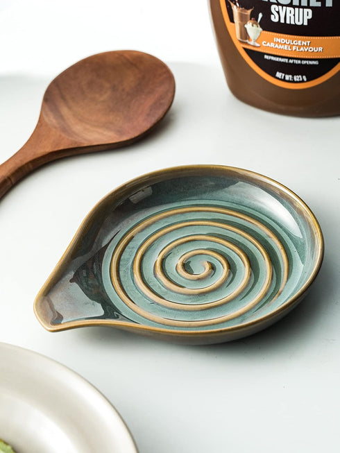 Spoon Rest with Handle, Blue and Green Cooking Spoon Holder for Countertop, Utensil Rest for Spoons, Ladles, Tongs,