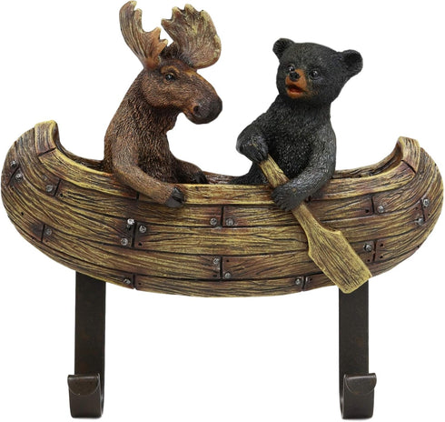 Ebros Whimsical Forest Creek Buddies Wall Hooks | Rustic Black Bear and Elk Moose Canoe 7" Wide Hanger Decor