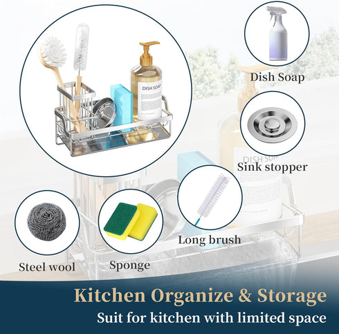Countertop Consumest Sponge Holder for Kitchen Sink - Sink Caddy with Stainless Steel Self Drain Tray, Sink Organizer