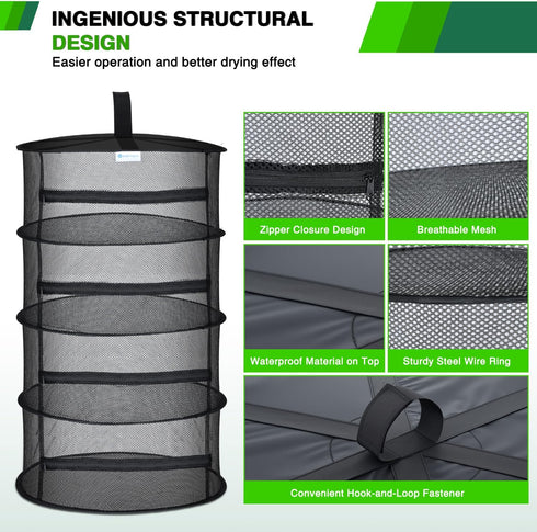 4 18" Closets Yesker Layer Herb Drying Rack Hanging Mesh Net Foldable Plant Drying Racks Diameter with Black Zipper