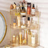 NATURE'S SOURCE Amber Gold Makeup Organizer, 3-Tier Corner Bathroom Countertop Storage with Makeup Brush Holder