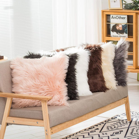 HYSEAS Set of 2 Decorative Faux Fur Throw Pillow Covers, Black Fluffy Soft Cushion Cover for Sofa, 18 x 18 Inches