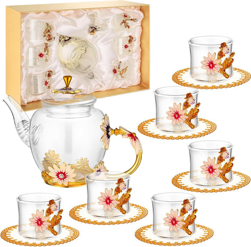 7 Pcs Floral Tea Set for Women, Vintage Flower Teapot Set With