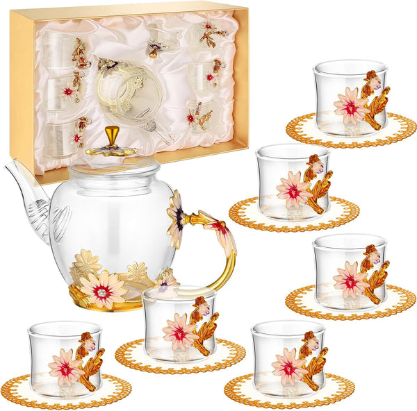 7 Pcs Floral Tea Set for Women, Vintage Flower Teapot Set With