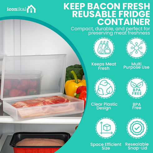 1-lb 11x6.5-Inch Iconikal Bacon Saver Deli Meat Storage Container Capacity Snap-Tight Clear Lid Dishwasher Safe