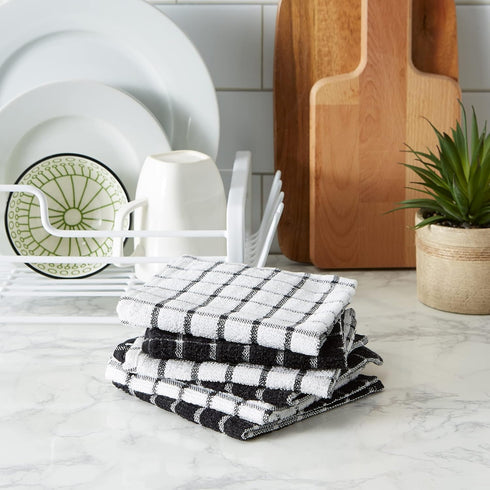 DII Basic Terry Collection Windowpane Dishcloth Set, Black, 12x12, 6 Piece
