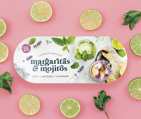 Set BUZZY Seeds Margarita and Mojito Windowsill Mini Garden Grow Kit, Herb Starter with Mint, Lime Basil and Lavender
