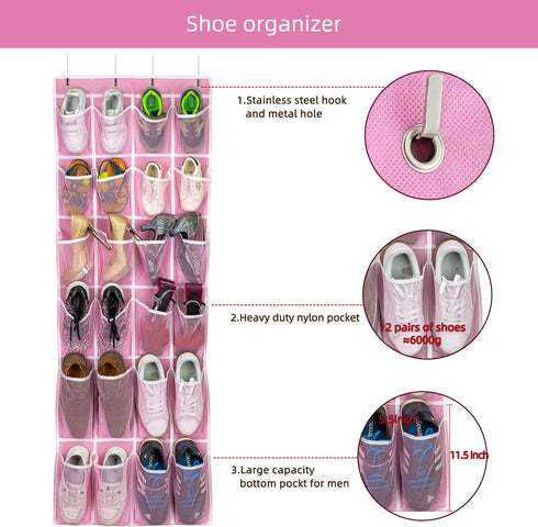 Hanging Shoe Organizer - Over The Door Shoe Storage Rack with 24 Breathable Mesh Pockets for Men, Women, Kids (Pink)