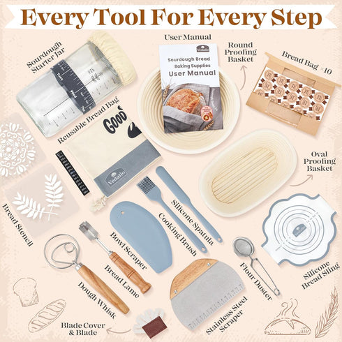 VEDALIO Sourdough Starter Kit, Sourdough Bread Baking Supplies, Bread Proofing Basket, Sourdough Kit for Modern Home