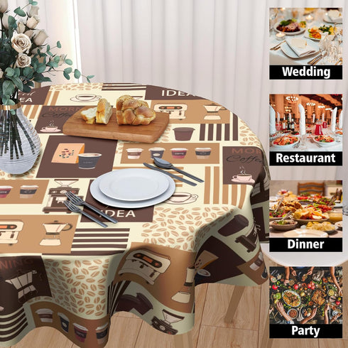 Granbey 60 Inch Classic Coffee Themed Table Cloth - Mocha Latte Milk Round Tablecloth Beige Brown Table Cover