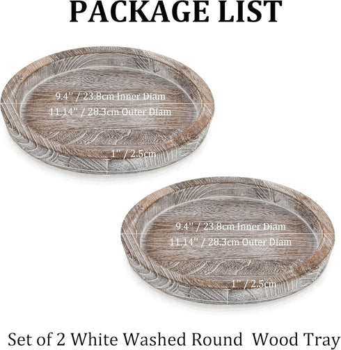 Set 2 Counter Hanobe Rustic Wooden Serving Tray of Round Wood Butler Decorative Tray Whitewash Centerpiece Candle
