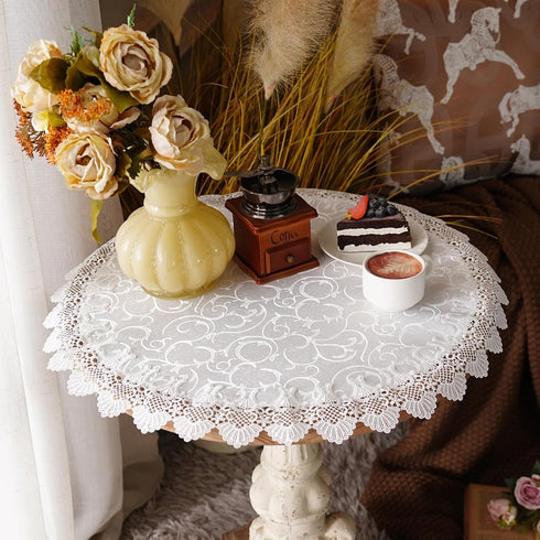 24 Inches Lace Elegant White Jacquard Round Doily Tablecloth Small Overlay Table Topper Dresser Scarf for Home Kitchen