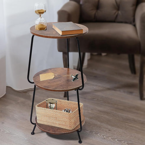 3 Small Round Side Table- Tier End Table with Storage Shelf, Slim Industrial Coffee Table for Small Spaces, Living