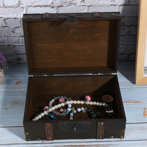 WESE Vintage Wooden Treasure Chest, Handcrafted Jewelry Storage Box with Lock, Large Capacity for Kids' Birthday Party