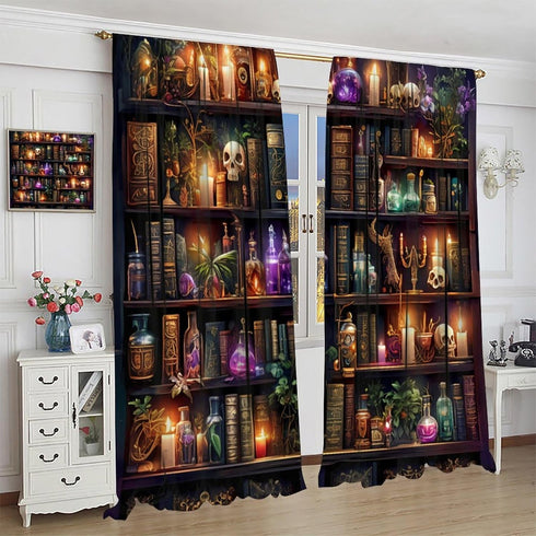45" 42" Bookshelf Skull Blackout Curtains for Bedroom Living Room, Gothic Library Candles Book Floral Thermal Insulated