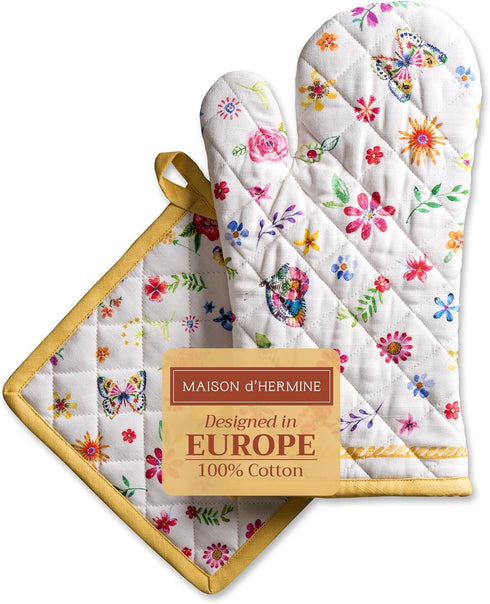 Maison d' Hermine 100% Cotton Oven Mitt & Pot Holder Set, Heat Resistant BBQ Cooking Gloves, Happy Florals