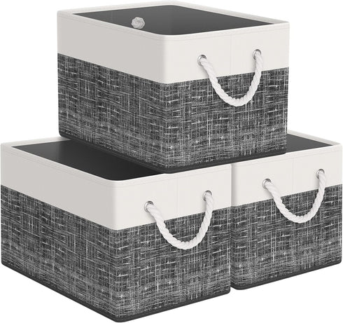 Storage Bin, Collapsible Storage Basket for Organizing, Large Storage Boxes with Rope Handles, White & Black, Pack of 3